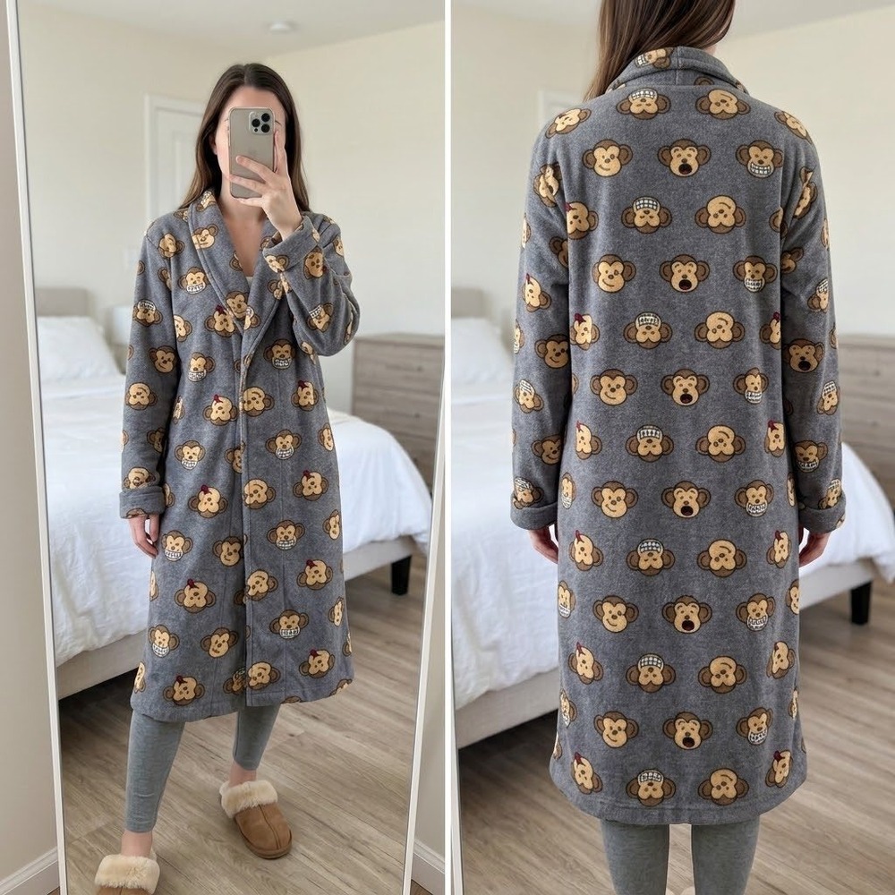 Vintage Y2K Aeropostale Fleece Robe Womens L Gray Monkey Housecoat Open Front